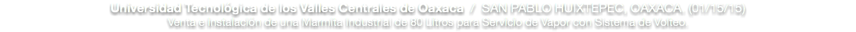 Universidad Tecnológica de los Valles Centrales de Oaxaca / SAN PABLO HUIXTEPEC, OAXACA. (01/15/15) Venta e instalación de una Marmita Industrial de 80 Litros para Servicio de Vapor con Sistema de Volteo. 